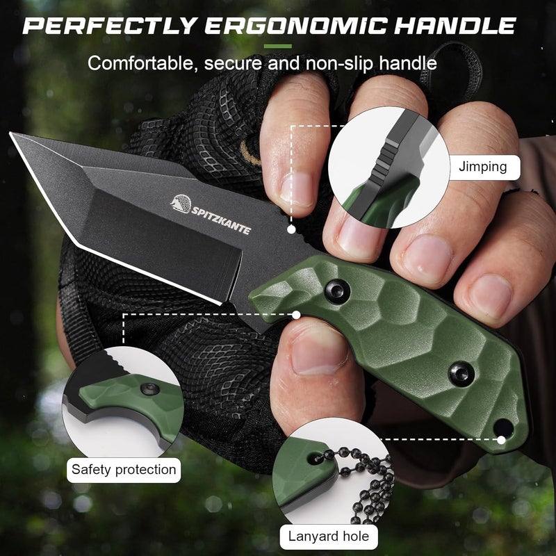 SPITZKANTE Neck Knife with Sheath and Necklace X-TAN-K, Full Tang Tanto Knife with 5Cr14MoV Steel Blade and Green ABS Handle, Horizontal Carry Knives - Image 3